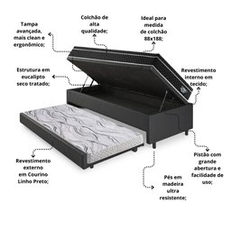 Bicama Box Baú Courino Linho Preto 88x188 com Colchão Gransleep Molas Verticoil Ecoflex - 5