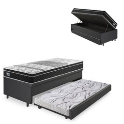 Bicama Box Baú Courino Linho Preto 88x188 com Colchão Gransleep Molas Verticoil Ecoflex - 1