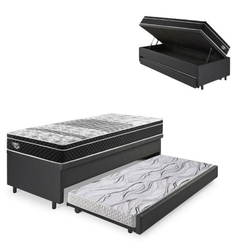 Bicama Box Baú Courino Linho Preto 88x188 com Colchão Gransleep Molas Verticoil Ecoflex