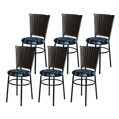 6 Cadeiras para Mesa Preta Hawai Marrom Assento Floral:floral Preto