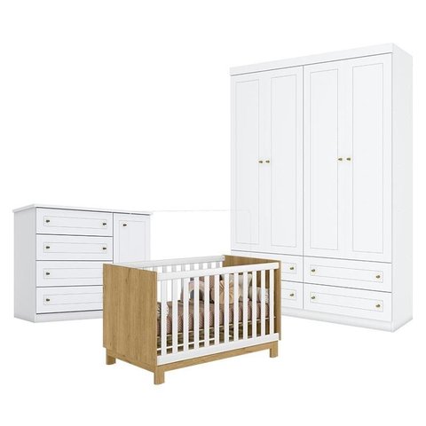 Quarto de Bebê Americano 4 Portas Com berço Americano Mini Cama Q Encanto Slim Freijó Branco Acetina