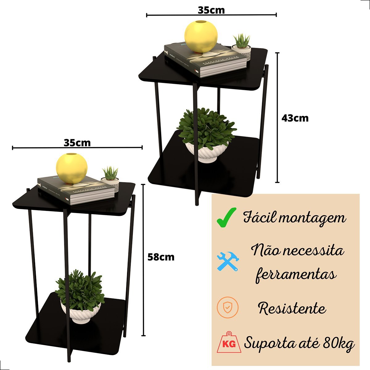 Kit Mesa Quadrada Apoio Lateral Sala Dobravel Alta Baixa:Preto - 4