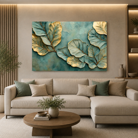 Quadro Decorativo Folhas Verde Dourado Canvas Premium 60x90