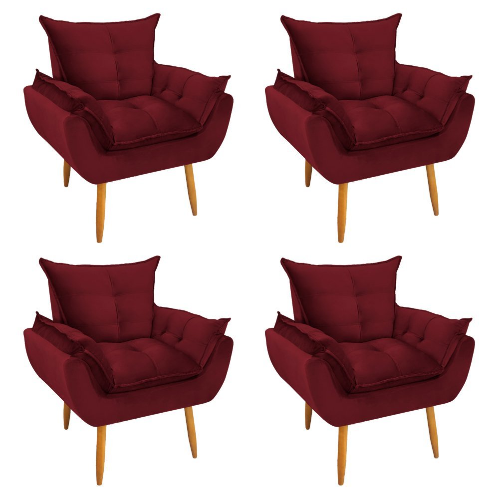 Kit 4 Poltronas Decorativa Opala Pés Palito Veludo Vermelho Chamby Móveis