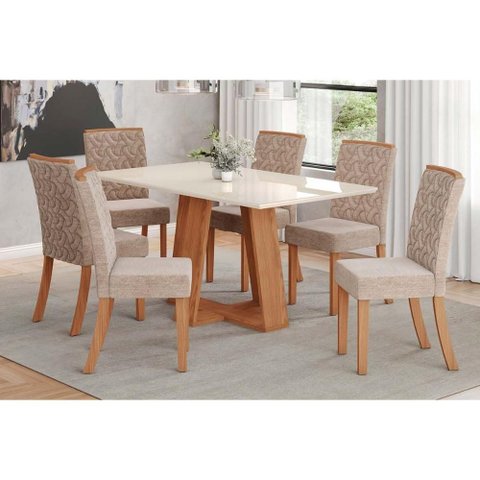 Conjunto: Mesa Sala Jantar Lins C/ Tampo Madeirado C/ Vidro 160x90cm e 6 Cadeiras Esther Nature/