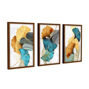 Quadros Decorativos para Sala quarto com Moldura Folhas Folhagens Azul e Amarelas - Marrom