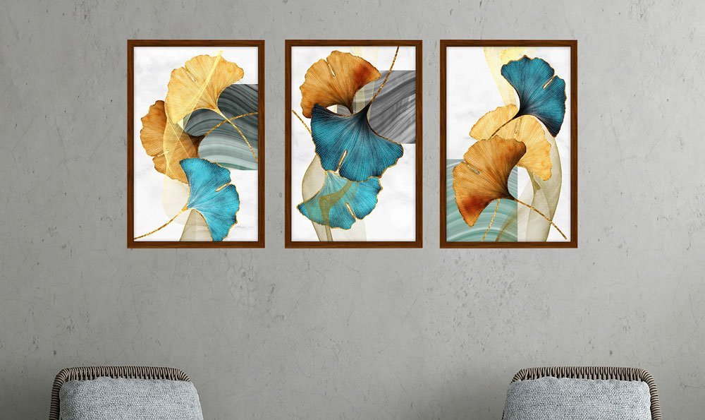 Quadros Decorativos para Sala quarto com Moldura Folhas Folhagens Azul e Amarelas - Marrom - 2