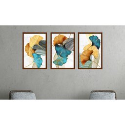 Quadros Decorativos para Sala quarto com Moldura Folhas Folhagens Azul e Amarelas - Marrom - 2
