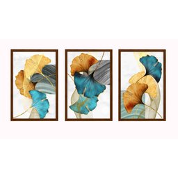 Quadros Decorativos para Sala quarto com Moldura Folhas Folhagens Azul e Amarelas - Marrom - 3