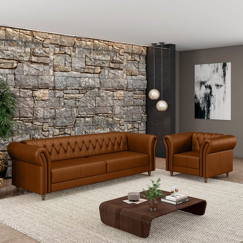 Conjunto Sala de Estar 1 Sofá Living 180cm e 2 Poltronas Stanford Chesterfield Pés Madeira Couro Car