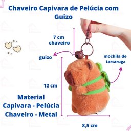Chaveiro Capivara Fofa de Pelúcia com Mochila de Tartaruga com Guizo - 3