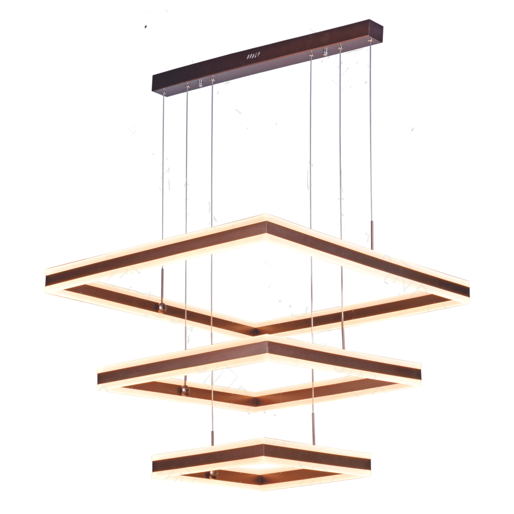 Lustre Pendente Dcd03049 3 Quadrados 40×60x80cm 228w 3000k 22600lm Metal Escovado Marrom+acrilico Ca