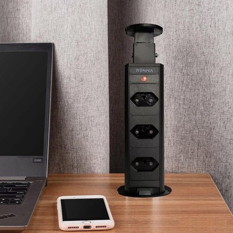 Torre de Tomadas Retrátil Multiplug Preta - Renna