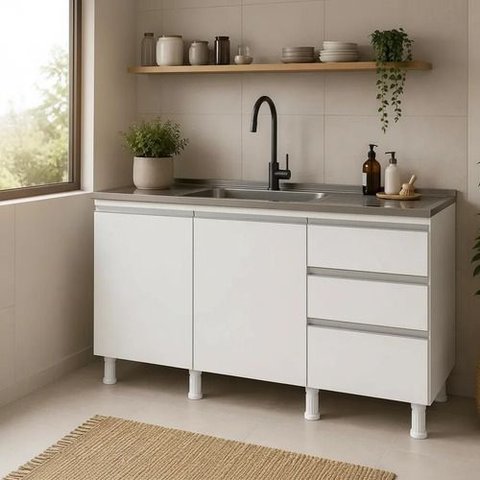 Balcão de Pia Cozinha 120cm 2 Portas 3 Gavetas Branco com Pé