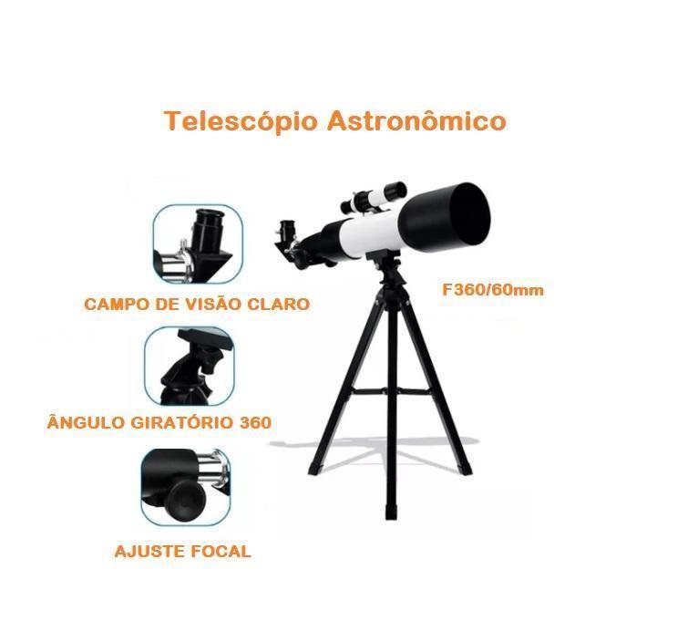 Telescópio Astronômico Refrativo 60mm 360mm 90x com Tripé - 2