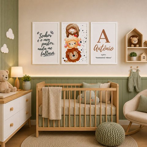 Kit Quadros Infantil com Nome - Jesus Pastor:40x60/Moldura Branca