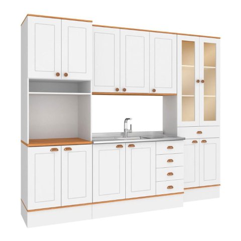 Cozinha Completa Aspen 13 Portas 5 Gavetas com Vidro CA03ST Branco/Cinamomo - Fellicci