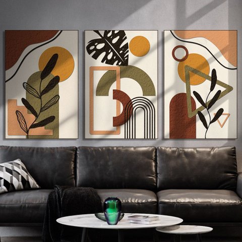 Quadro Decorativo Minimalista Folhas Formas e Cores Moldura Filete Cor:moldura Ypê;título:60x90