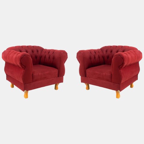 Kit 2 Poltronas Elisabeth Chesterfield Duque Capitonê Suede Vermelho / Decoração, Barbearia, TV, Sal