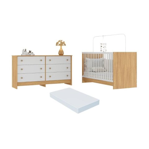 Berço 3 em 1 com Colchão Incluso e Cômoda Framboesa Multimóveis Mp4680 Madeirado/branco
