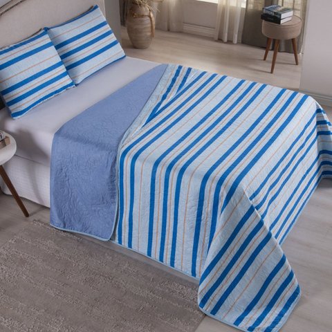 Kit Colcha Cobre Leito Casal 3 Peças Matelado Dupla Face Azul