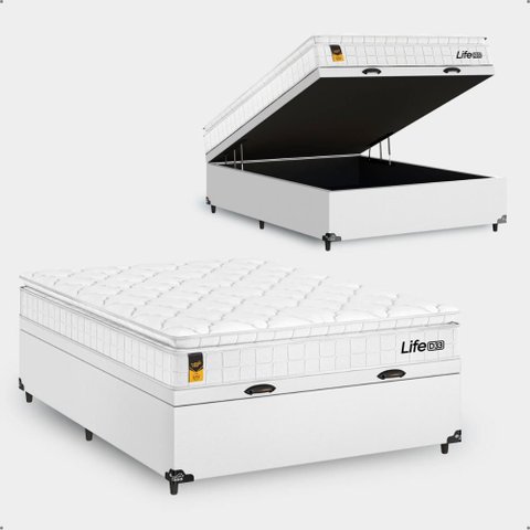 Cama Box Baú Viúva Couro Branco + Colchão Life D33 Pillow Top 61x128x188cm Branco - e-Shop Casa