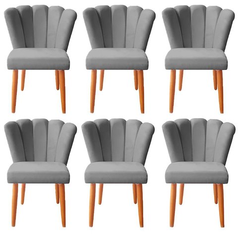 6 Cadeiras Jantar Reforçada Decorativa Pétala Suede Cinza