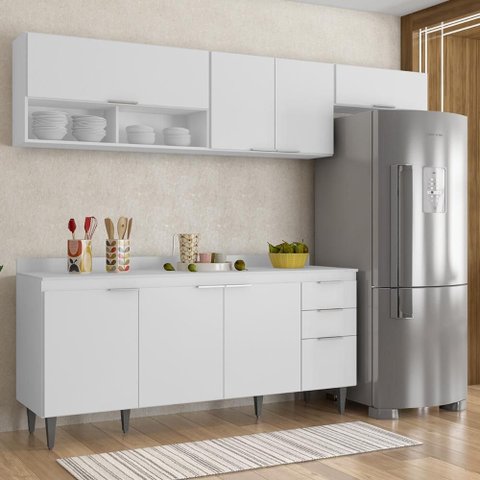 Armário de Cozinha com Tampo CP03 250cm Pérola Branco Z34 - Mpozenato