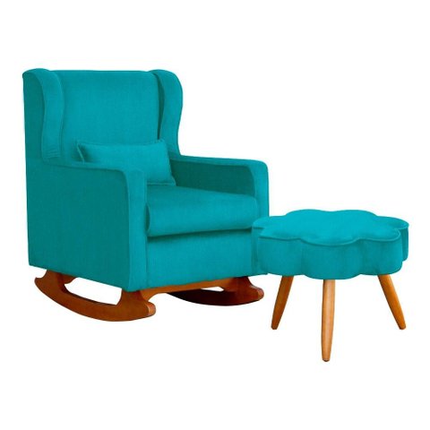 Poltrona C/ Puff Balanço Amamentação Aurora Suede Azul Turquesa - Lm Decor