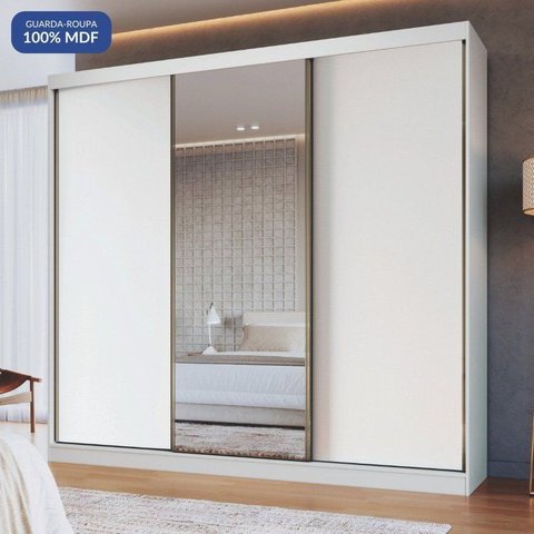 Guarda-Roupa 3 Portas de Correr 4 Gavetas com 1 Espelho 100% MDF Imperial New Branco