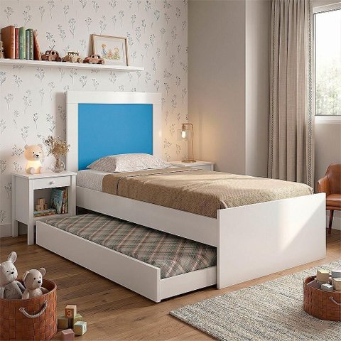 Bicama Solteiro Luara Bibox com Cama Auxiliar e Colchões D23 Branco Azul em Mdf Mdp