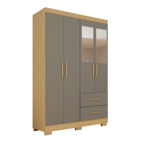 Guarda Roupa Casal Catar Premium 4 Portas de Bater 2 Gavetas MDP Carvalho-Grafite 180cm