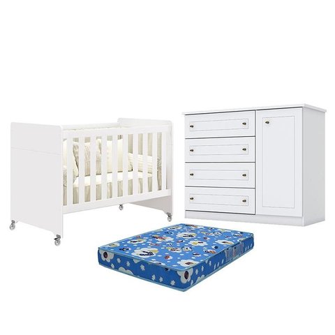 Berço Americano Evolution 4 em 1 Branco Acetinado Reller e Cômoda Americano Branco Hp e Colchão Orto