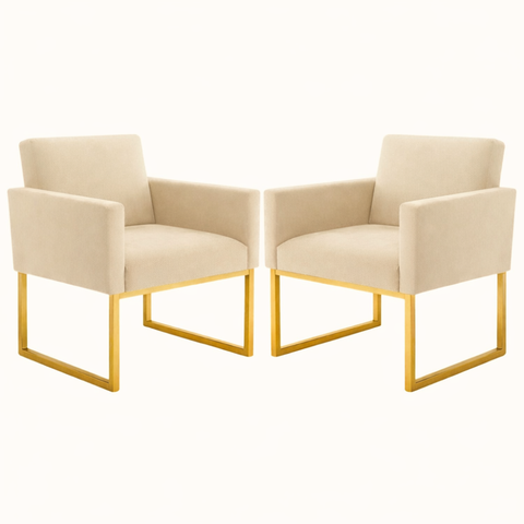 Kit 2 Poltronas Reforçada Recepção Base Metálico Dourado Bege