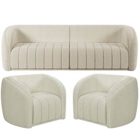 Kit Sofá 03 Lugares Sala Estar 292 Cm com 02 Poltronas Lazio M03 Bouclê Bege Claro - Lyam Decor