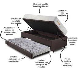 Bicama Box Baú Courino Linho 88x188 com Colchão Ecoline D33 Ecoflex - 8