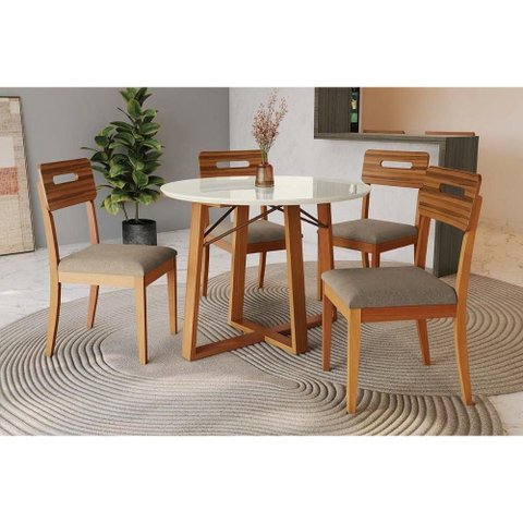 Mesa Cozinha Elma Premium Madeira Maciça C/ Tampo Madeirado C/ Vidro 105x105cm e 4 Cadeiras Lila
