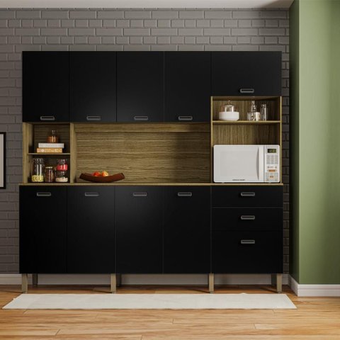 Armario de Cozinha Compacta 10 Portas 2 Gavetas Toronto - Freijó/nero