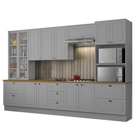 Cozinha Completa 6 Peças Americana Cinza com Cristaleira Tampo Nature - Móveis Henn Cinza