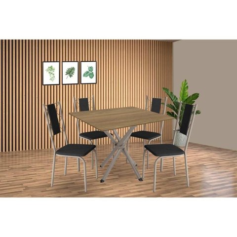 Conjunto: Mesa Sala Jantar Volga C/ Tampo de Madeira 90cm e 4 Cadeiras Lisboa Niquel/nogueira -