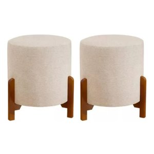 Kit 2 Puff Thor Sued Veludo Linho Corino Luxo  Bege Base em Madeira Maciça