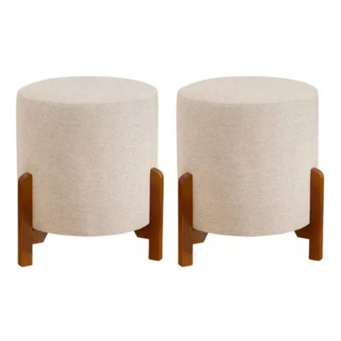 Kit 2 Puff Thor Sued Veludo Linho Corino Luxo  Bege Base em Madeira Maciça