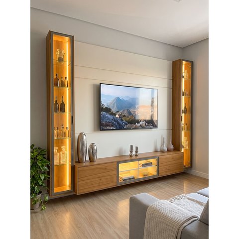 Estante Home Theater para TV até 84 Polegadas Suspensa 2 Portas com Cristaleira LED e Vidro Reflecta