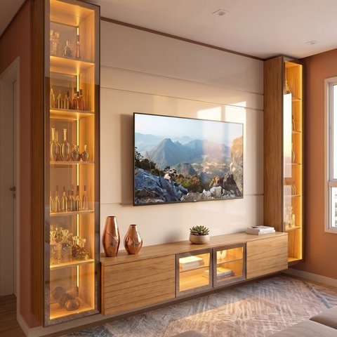Estante Home Theater para TV até 84 Polegadas Suspensa 2 Portas com Cristaleira LED e Vidro Reflecta