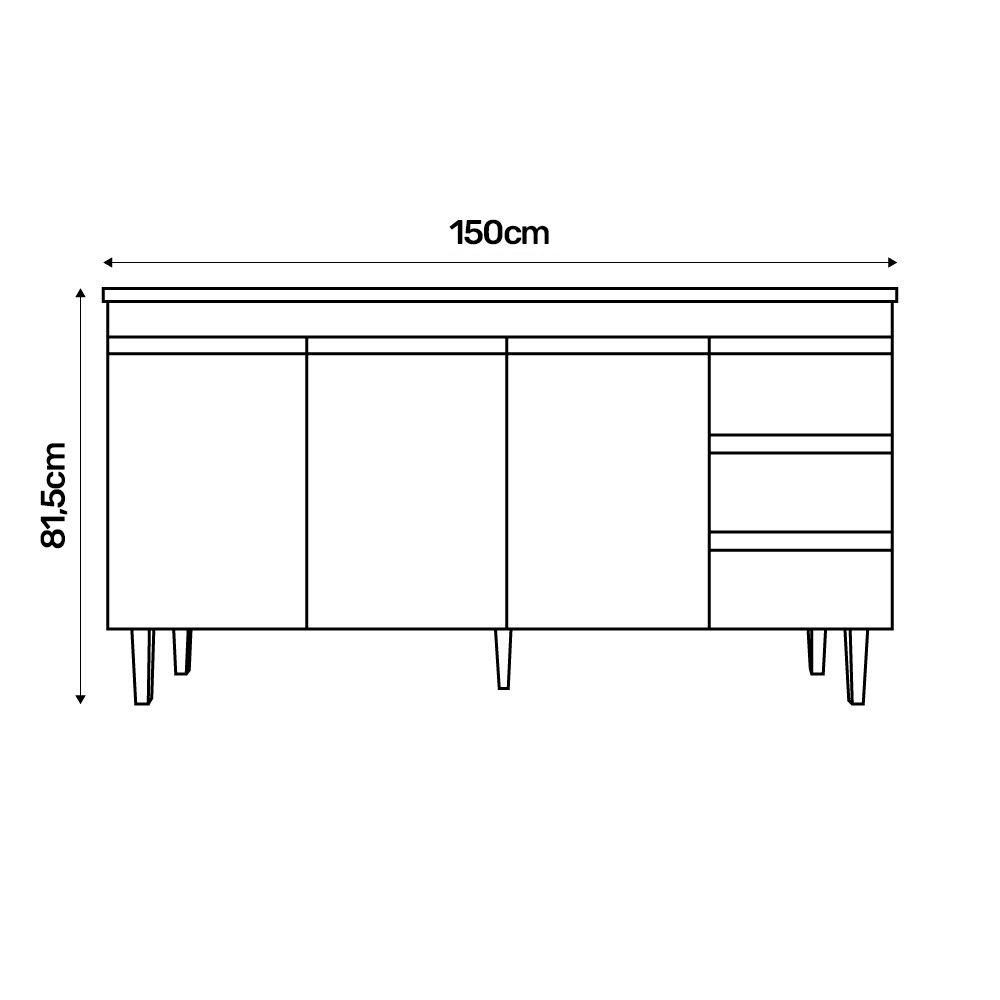 Balcão Gabinete Cozinha Andréia 150cm Com Tampo 3 Portas Branco - Desk Design - 5