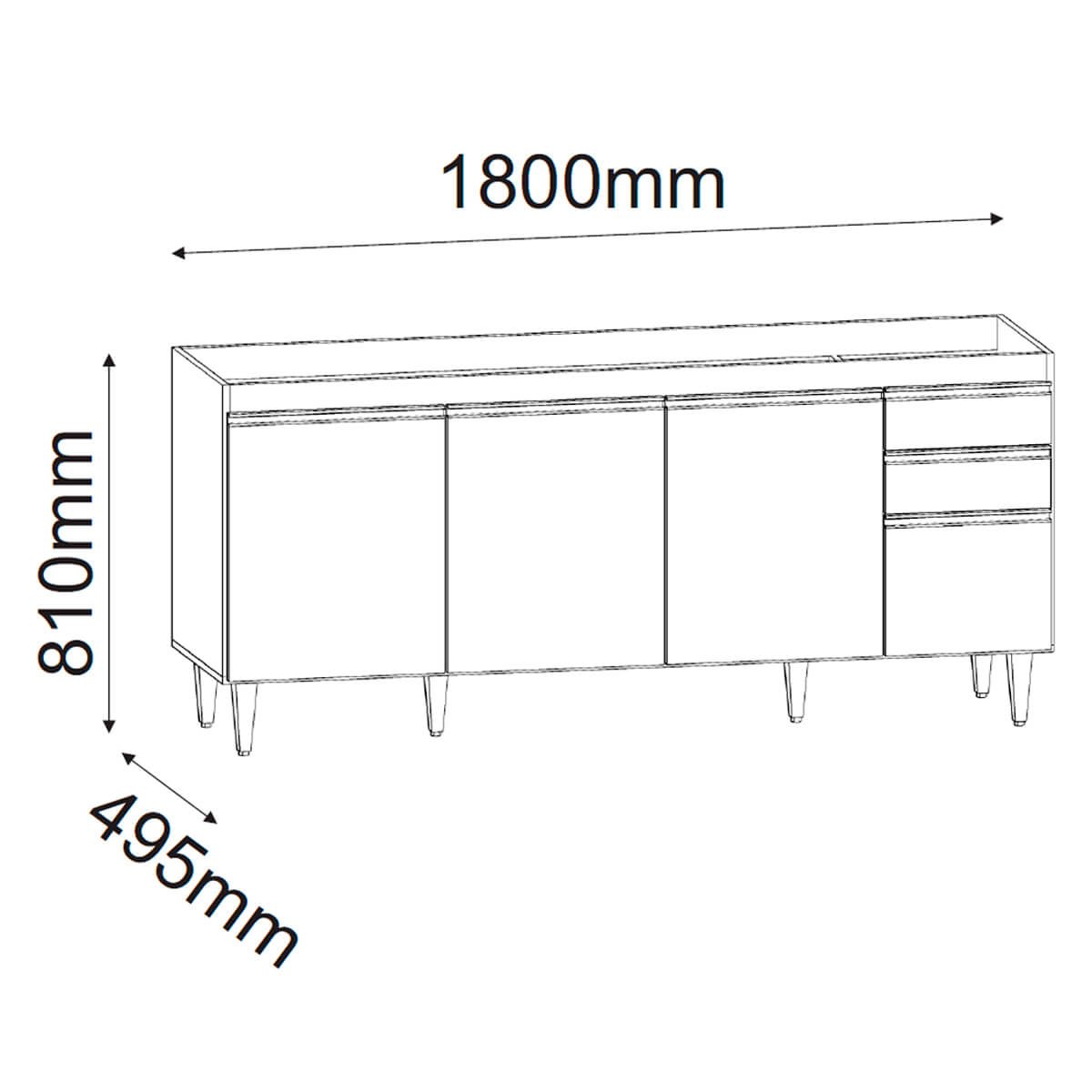 Balcão de Cozinha 180 Cm 4 Portas 2 Gavetas com Tampo Agatha Branco - 5