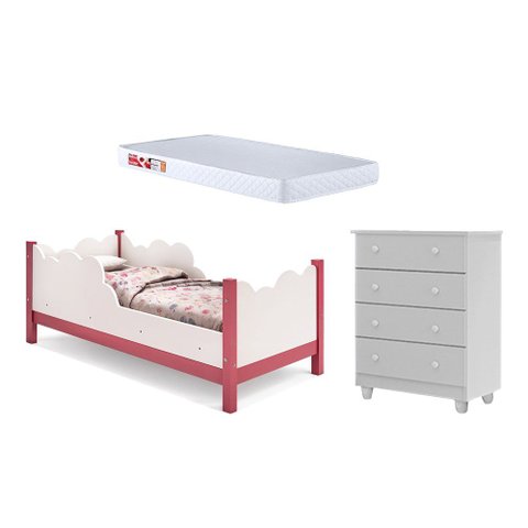 Conjunto Nuvem Branco Rosa com Colchão e Cômoda Lara Quarto Menina Completo Moderno Premium