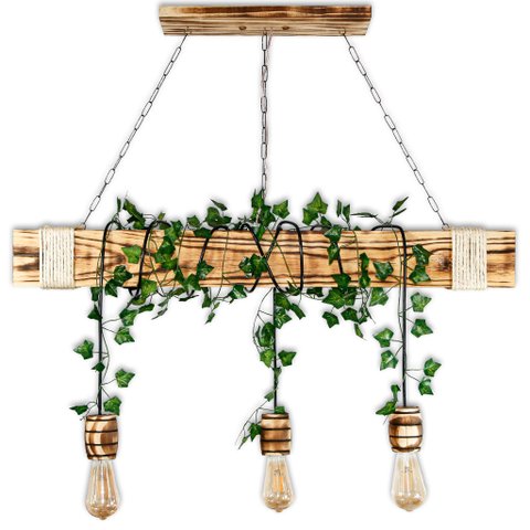 Luminária Rústica de Madeira Maciça 95cm com 3 Pendentes Barril + Plantas