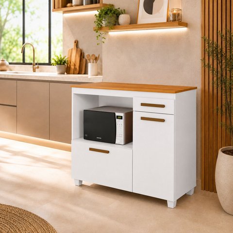 Balcão para Cozinha Tampo MDF 2 Portas 1 Gaveta com Nicho Micro-Ondas Cronos Espresso Móveis