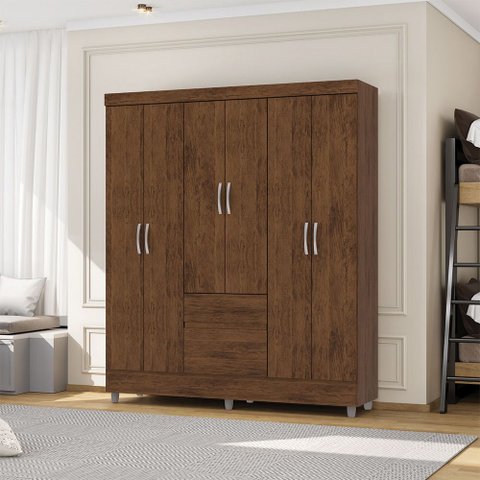 Guarda Roupa Casal Abruzzo 6 Portas de Bater 2 Gavetas com Cabideiro Nogueira G98 - Gran Belo